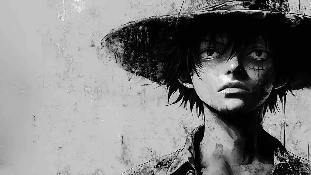 Monkey D. Luffy black and white artistic portrait wallpaper 4K from One Piece anime featuring closeup with straw hat in Ultra HD background free for pc & mobile phone