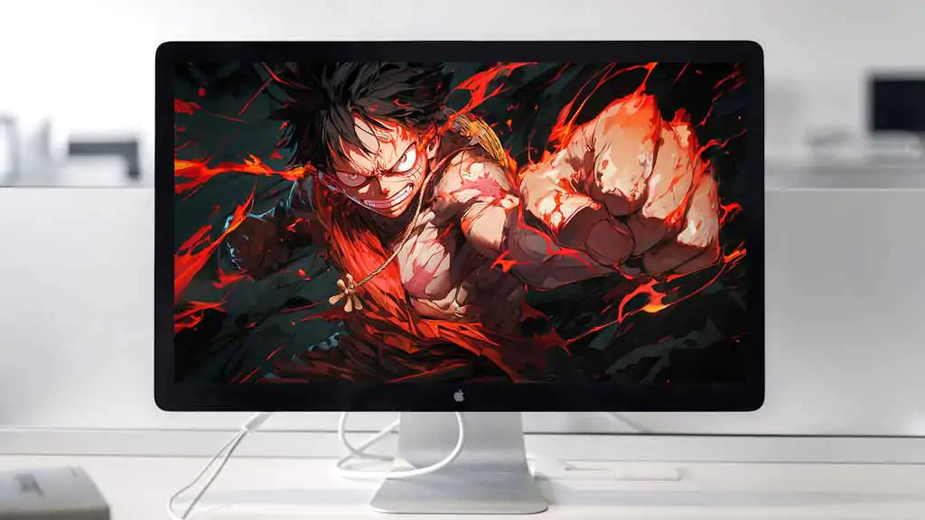 Fond d'écran de scène de combat intense One Piece Luffy avec des effets de flamme rouge et une pose d'action dynamique en résolution ultra HD 4K téléchargement gratuit pour ordinateur de bureau