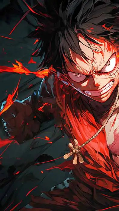 Fond d'écran de scène d'attaque dynamique One Piece Luffy 4K avec effets de feu et énergie explosive dans un style d'art anime ultra HD téléchargement gratuit pour téléphone mobile et iPhone