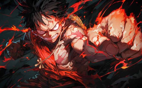 Fond d'écran de scène de bataille intense de One Piece Luffy avec des effets de flamme rouge et une pose d'action dynamique en résolution 4K ultra HD téléchargement gratuit