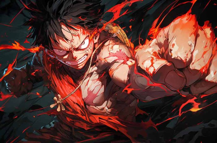 Fond d'écran de scène de bataille intense de One Piece Luffy avec des effets de flamme rouge et une pose d'action dynamique en résolution 4K ultra HD téléchargement gratuit