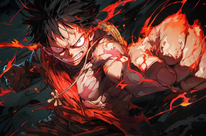 Fond d'écran de scène d'attaque dynamique One Piece Luffy 4K avec effets de feu et énergie explosive dans un style d'art anime ultra HD téléchargement gratuit pour téléphone mobile et iPhone