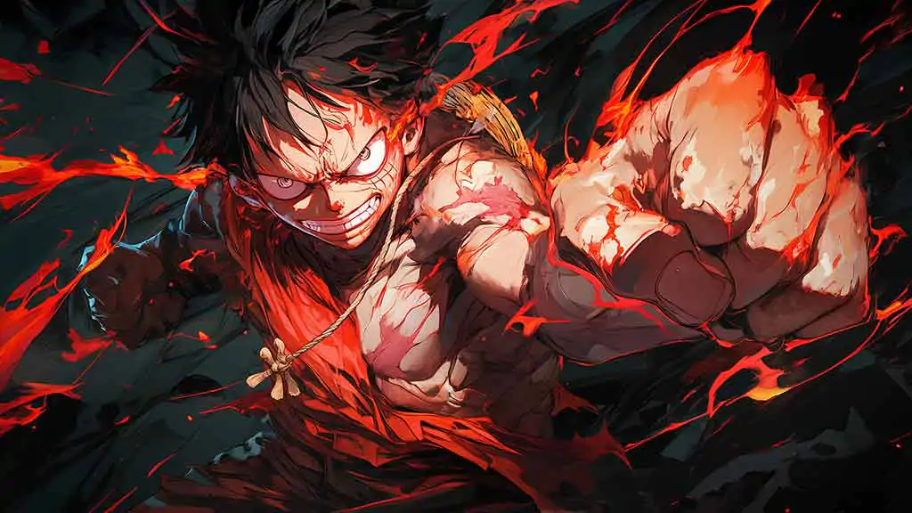 Fond d'écran de scène d'attaque dynamique One Piece Luffy 4K avec effets de feu et énergie explosive dans un style d'art anime ultra HD téléchargement gratuit pour téléphone mobile et iPhone