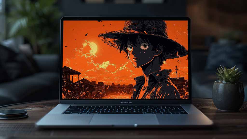 Fond d'écran One Piece Monkey D. Luffy 4k avec un coucher de soleil spectaculaire sur un ciel orange en qualité Ultra HD à télécharger gratuitement pour PC et téléphone portable