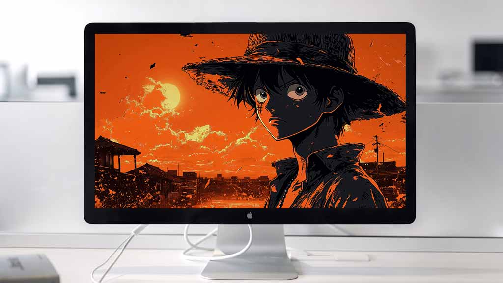 Fond d'écran One Piece Monkey D. Luffy 4k avec un coucher de soleil spectaculaire sur un ciel orange en qualité Ultra HD à télécharger gratuitement pour PC et téléphone portable