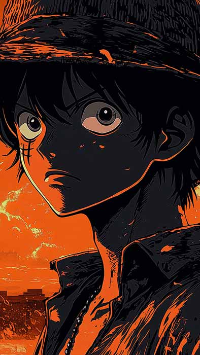 Fond d'écran One Piece Monkey D. Luffy 4k avec un coucher de soleil spectaculaire sur un ciel orange en qualité Ultra HD à télécharger gratuitement pour PC et téléphone portable