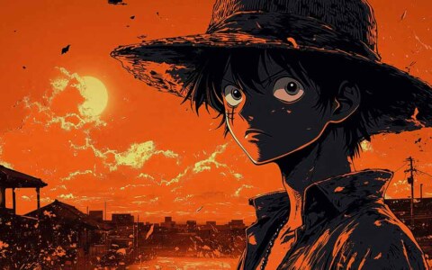 Fond d'écran One Piece Monkey D. Luffy 4k avec un coucher de soleil spectaculaire sur un ciel orange en qualité Ultra HD à télécharger gratuitement pour PC et téléphone portable