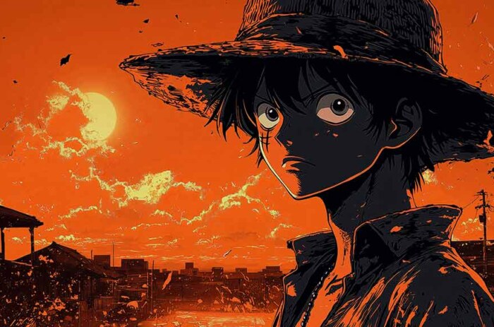 Fond d'écran One Piece Monkey D. Luffy 4k avec un coucher de soleil spectaculaire sur un ciel orange en qualité Ultra HD à télécharger gratuitement pour PC et téléphone portable