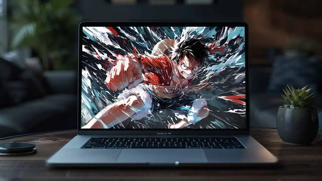 Monkey D. Luffy scène d'attaque dynamique fond d'écran 4k avec éclaboussure turquoise et rouge fond d'écran Ultra HD One Piece anime Free