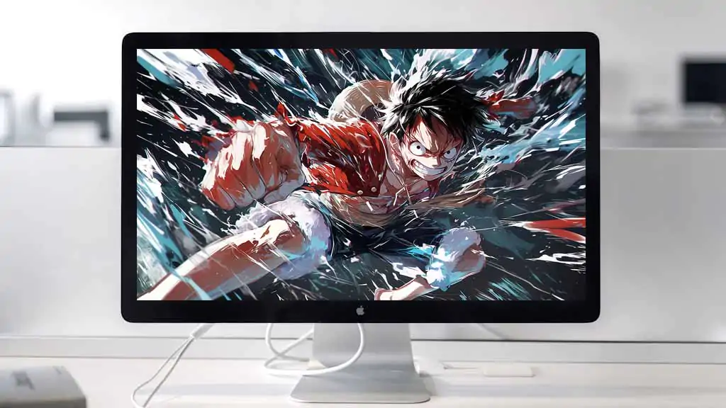 Monkey D. Luffy scène d'attaque dynamique fond d'écran 4k avec éclaboussure turquoise et rouge fond d'écran Ultra HD One Piece anime Free