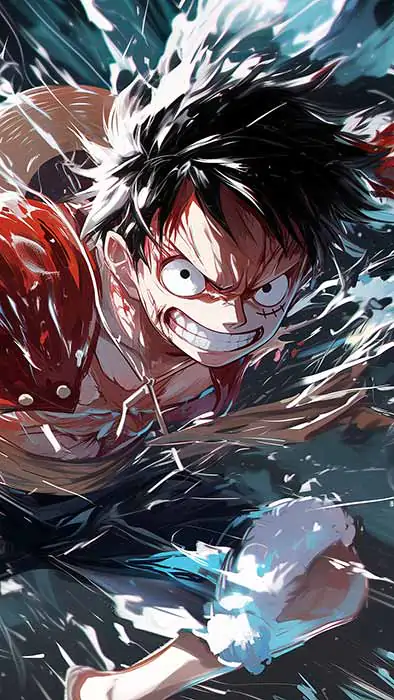 Monkey D. Luffy scène d'attaque dynamique fond d'écran 4k avec éclaboussure turquoise et rouge fond d'écran Ultra HD One Piece anime Free