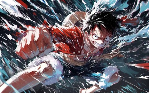 Monkey D. Luffy scène d'attaque dynamique fond d'écran 4k avec éclaboussure turquoise et rouge fond d'écran Ultra HD One Piece anime Free