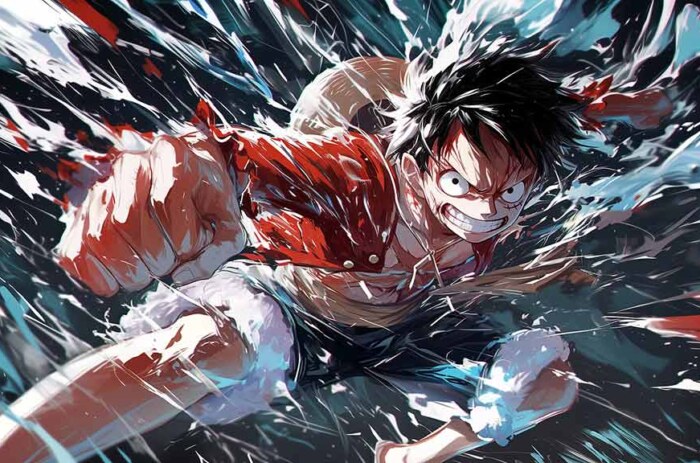 Monkey D. Luffy scène d'attaque dynamique fond d'écran 4k avec éclaboussure turquoise et rouge fond d'écran Ultra HD One Piece anime Free