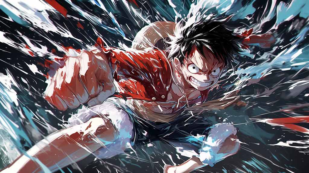 Monkey D. Luffy scène d'attaque dynamique fond d'écran 4k avec éclaboussure turquoise et rouge fond d'écran Ultra HD One Piece anime Free