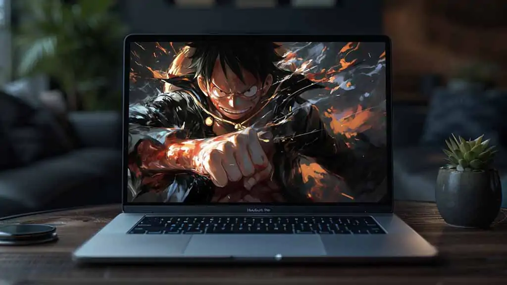 Monkey D. Luffy donnant un coup de poing dans une pose d'action dramatique, fond d'écran 4K Ultra HD. One Piece anime design avec des effets d'énergie ardente. Téléchargement gratuit