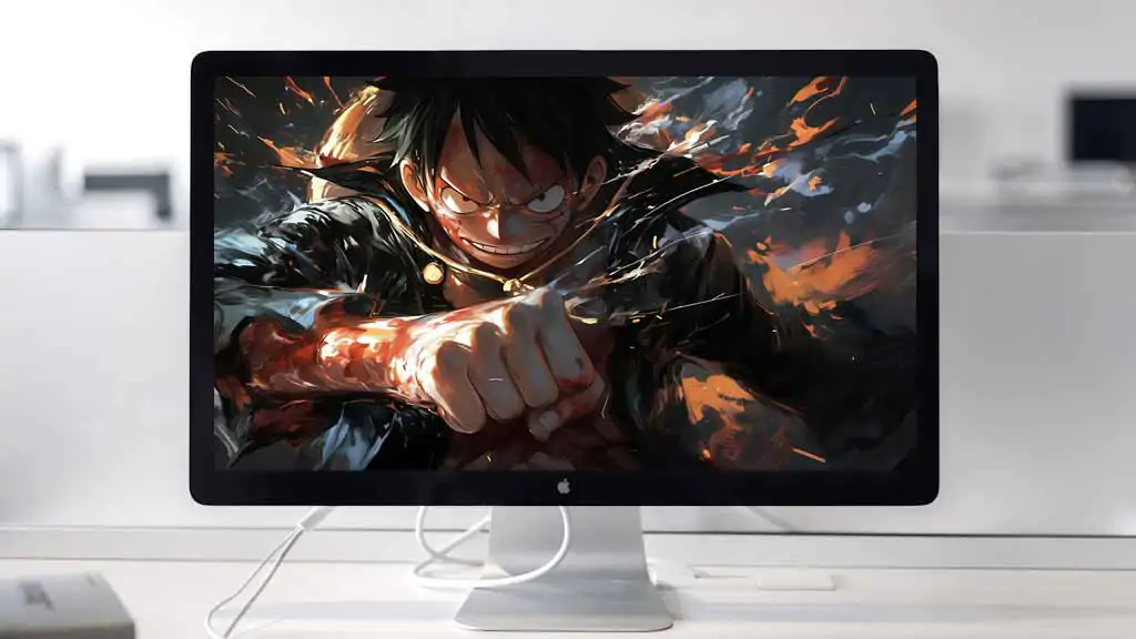 Monkey D. Luffy donnant un coup de poing dans une pose d'action dramatique, fond d'écran 4K Ultra HD. One Piece anime design avec des effets d'énergie ardente. Téléchargement gratuit