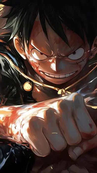 Monkey D. Luffy punching in a dramatic action pose, 4K Ultra HD wallpaper. One Piece anime design with fiery energy effects. Free dwonload