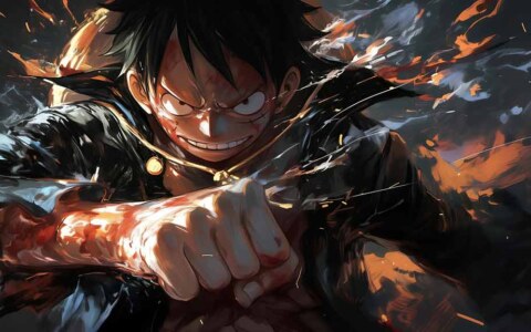 Monkey D. Luffy donnant un coup de poing dans une pose d'action dramatique, fond d'écran 4K Ultra HD. One Piece anime design avec des effets d'énergie ardente. Téléchargement gratuit