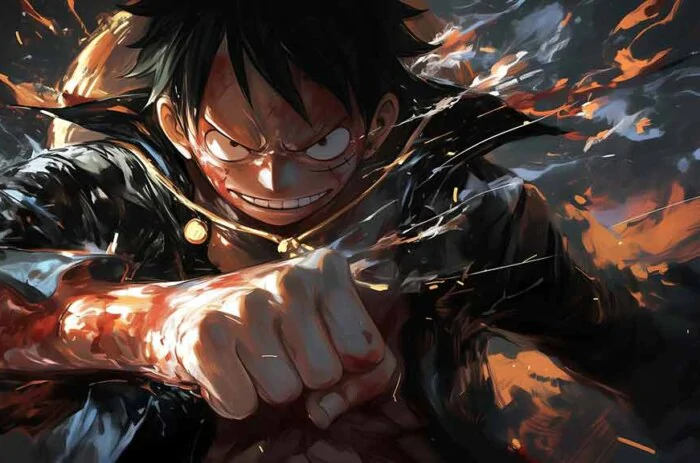 Monkey D. Luffy donnant un coup de poing dans une pose d'action dramatique, fond d'écran 4K Ultra HD. One Piece anime design avec des effets d'énergie ardente. Téléchargement gratuit