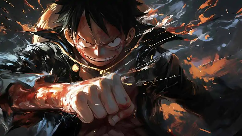 Monkey D. Luffy donnant un coup de poing dans une pose d'action dramatique, fond d'écran 4K Ultra HD. One Piece anime design avec des effets d'énergie ardente. Téléchargement gratuit