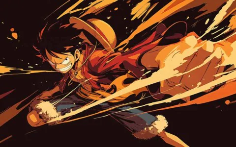 Monkey D. Luffy in a vibrant action pose with orange energy streaks, dynamic One Piece 4K wallpaper Ultra HD background free for pc & Mobile phone