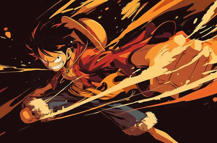 Monkey D. Luffy in a vibrant action pose with orange energy streaks, dynamic One Piece 4K wallpaper Ultra HD background free for pc & Mobile phone