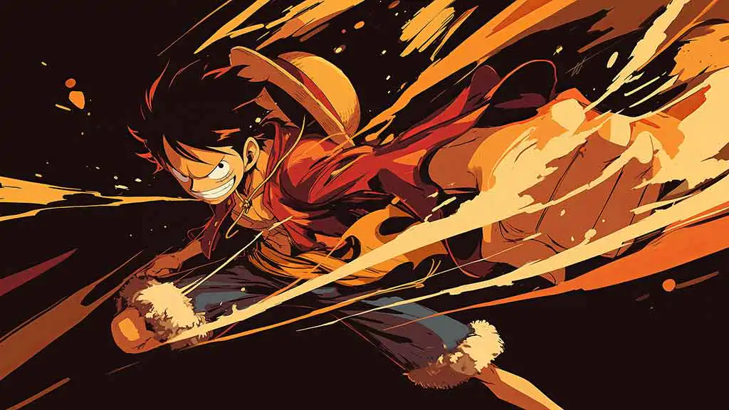 Monkey D. Luffy in a vibrant action pose with orange energy streaks, dynamic One Piece 4K wallpaper Ultra HD background free for pc & Mobile phone