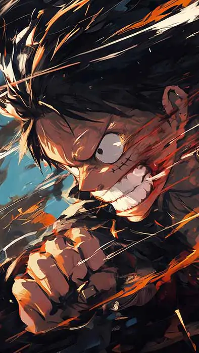 Fond d'écran 4K de scène de combat intense de Monkey D. Luffy de l'anime One Piece avec effets d'éclaboussures, arrière-plan Ultra HD gratuit pour PC et téléphone mobile iPhone