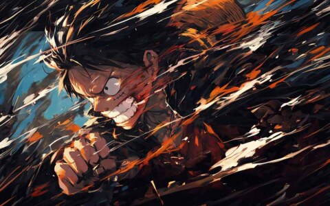 Fond d'écran 4K de scène de combat intense de Monkey D. Luffy de l'anime One Piece avec effets d'éclaboussures, arrière-plan Ultra HD gratuit pour PC et téléphone mobile iPhone