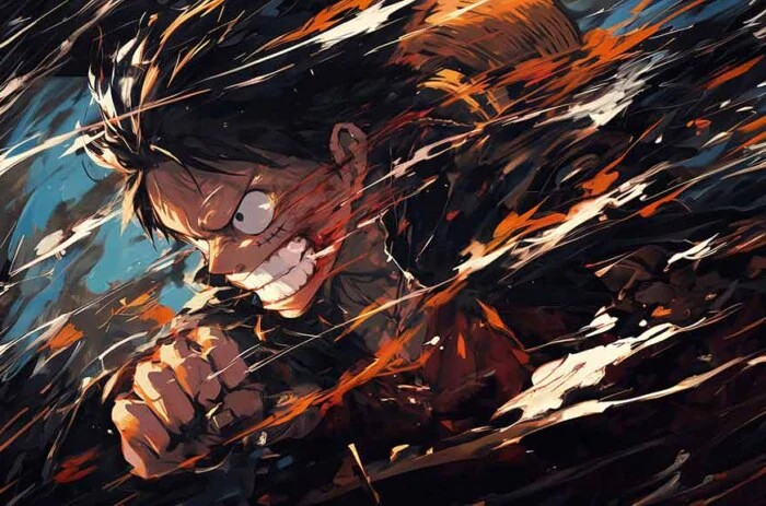 Fond d'écran 4K de scène de combat intense de Monkey D. Luffy de l'anime One Piece avec effets d'éclaboussures, arrière-plan Ultra HD gratuit pour PC et téléphone mobile iPhone