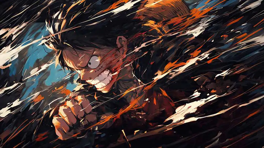 Fond d'écran 4K de scène de combat intense de Monkey D. Luffy de l'anime One Piece avec effets d'éclaboussures, arrière-plan Ultra HD gratuit pour PC et téléphone mobile iPhone