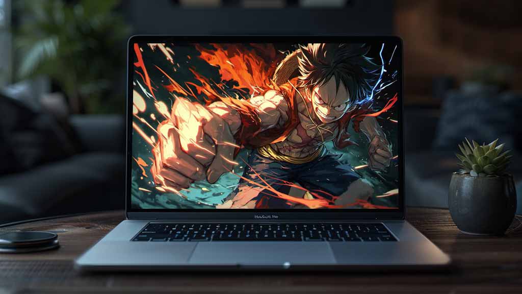 Fond d'écran de scène d'attaque dynamique One Piece Luffy 4K avec effets de feu et énergie explosive dans un style d'art anime ultra HD téléchargement gratuit pour ordinateur portable