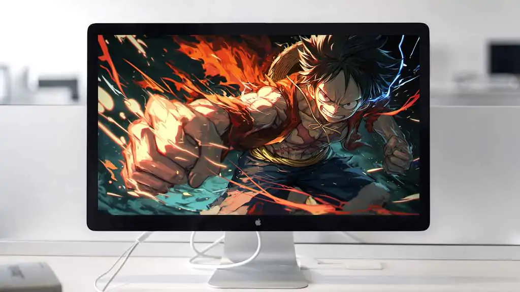 Fond d'écran de scène d'attaque dynamique One Piece Luffy 4K avec effets de feu et énergie explosive dans un style d'art anime ultra HD téléchargement gratuit pour ordinateur de bureau