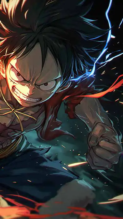 Fond d'écran de scène d'attaque dynamique One Piece Luffy 4K avec effets de feu et énergie explosive dans un style d'art anime ultra HD téléchargement gratuit pour téléphone mobile et iPhone