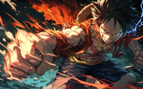One Piece Luffy fond d'écran dynamique de scène d'attaque 4K avec des effets de feu et une énergie explosive dans un style d'art anime ultra HD téléchargement gratuit