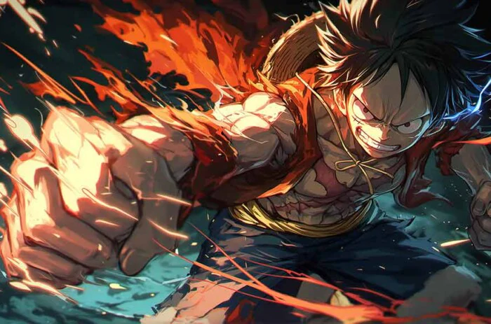 Fond d'écran de scène d'attaque dynamique One Piece Luffy 4K avec effets de feu et énergie explosive dans un style d'art anime ultra HD téléchargement gratuit pour téléphone mobile et iPhone