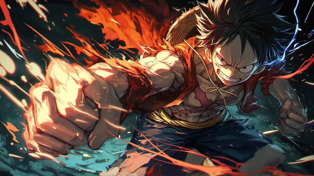 One Piece Luffy fond d'écran dynamique de scène d'attaque 4K avec des effets de feu et une énergie explosive dans un style d'art anime ultra HD téléchargement gratuit