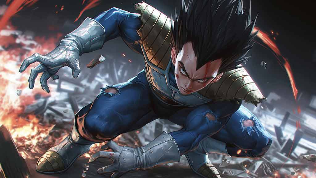 Dragon Ball Vegeta pose de combat fond d'écran 4K - Combat épique ultra HD, arrière-plan gratuit à télécharger pour PC, téléphone portable et iPhone