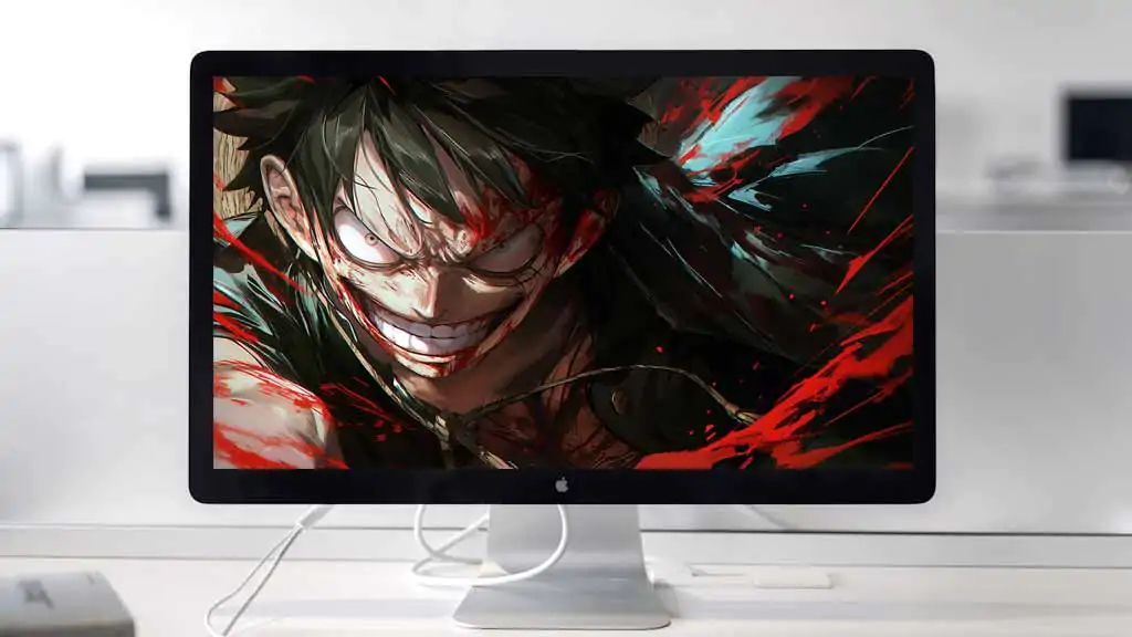 Le sourire sinistre de Monkey D. Luffy en gros plan, fond d'écran 4K avec effets rouges et bleu turquoise tiré de l'anime One Piece, arrière-plan HD gratuit pour PC, téléphone portable et iPhone