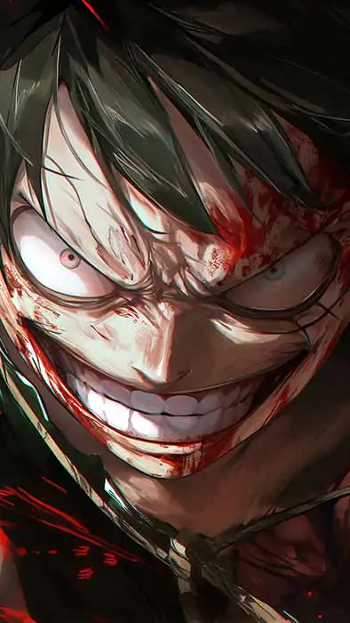 Le sourire sinistre de Monkey D. Luffy en gros plan, fond d'écran 4K avec effets rouges et bleu turquoise tiré de l'anime One Piece, arrière-plan HD gratuit pour PC, téléphone portable et iPhone