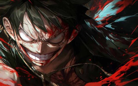 Le sourire sinistre de Monkey D. Luffy en gros plan, fond d'écran 4K avec effets rouges et bleu turquoise tiré de l'anime One Piece, arrière-plan HD gratuit pour PC, téléphone portable et iPhone