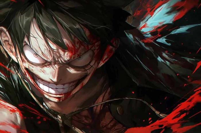 Monkey D. Luffy sinister smile close-up wallpaper 4K with red and teal effects from One Piece anime HD background free for Pc & Mobile phone and iphone