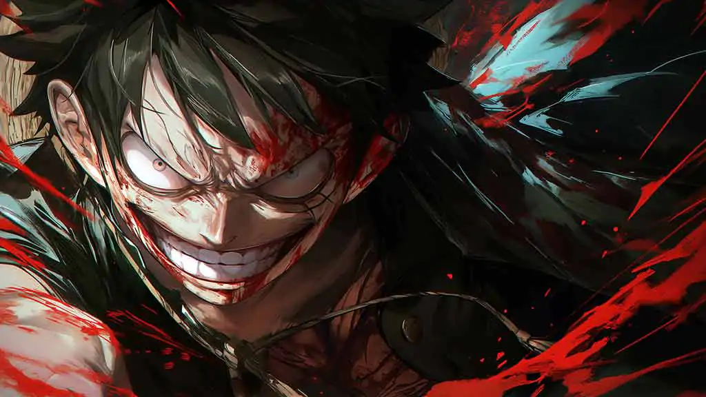 Monkey D. Luffy sinister smile close-up wallpaper 4K with red and teal effects from One Piece anime HD background free for Pc & Mobile phone and iphone