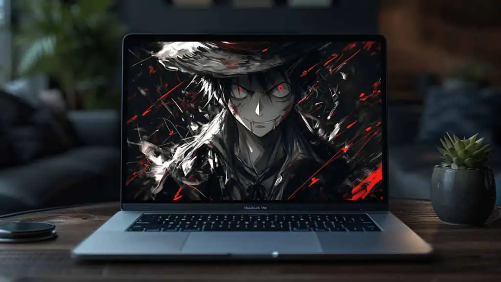 Fond d'écran de Monkey D. Luffy en empereur des ténèbres avec des yeux rouges et un chapeau de paille en style noir, résolution HD 4K gratuit pour ordinateur et téléphone portable