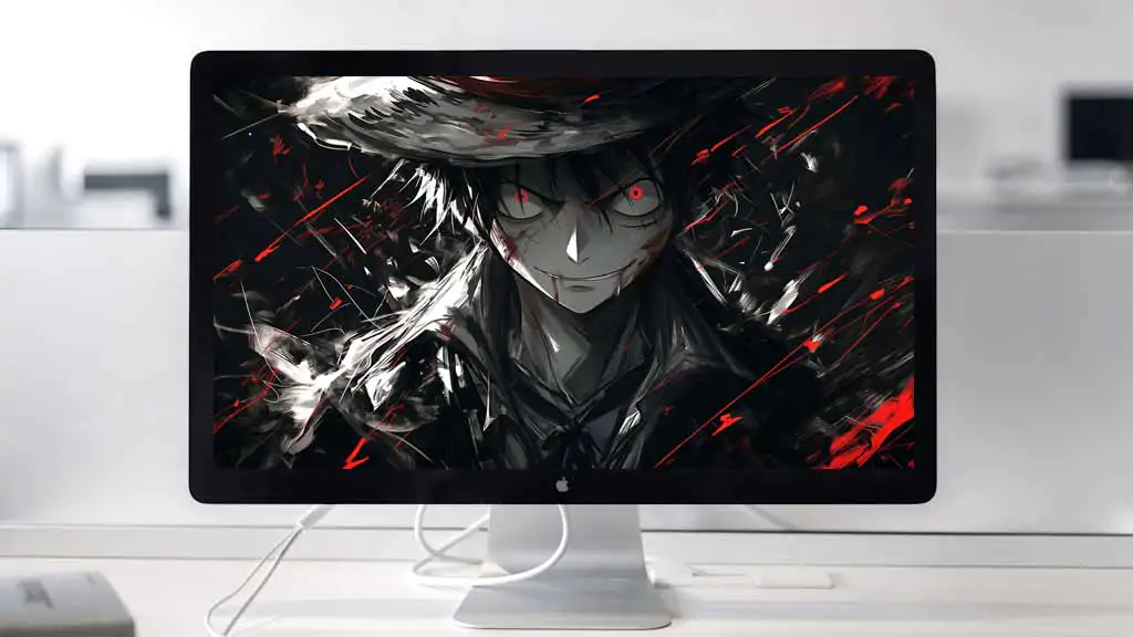 Fond d'écran de Monkey D. Luffy en empereur des ténèbres avec des yeux rouges et un chapeau de paille en style noir, résolution HD 4K gratuit pour ordinateur et téléphone portable