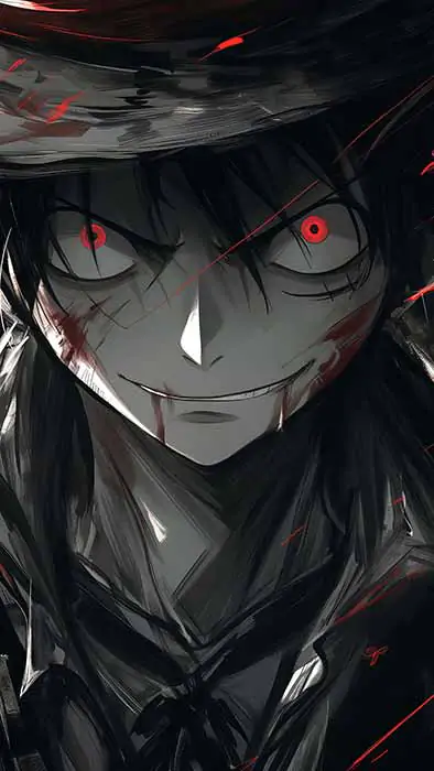 Fond d'écran de Monkey D. Luffy en empereur des ténèbres avec des yeux rouges et un chapeau de paille en style noir, résolution HD 4K gratuit pour ordinateur et téléphone portable