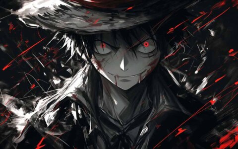 Fond d'écran de Monkey D. Luffy en empereur des ténèbres avec des yeux rouges et un chapeau de paille en style noir, résolution HD 4K gratuit pour ordinateur et téléphone portable
