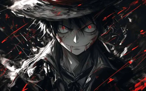 Monkey D. Luffy dark emperor wallpaper with red eyes and straw hat in noir style, HD 4K resolution Background for free for desktop and mobile phone