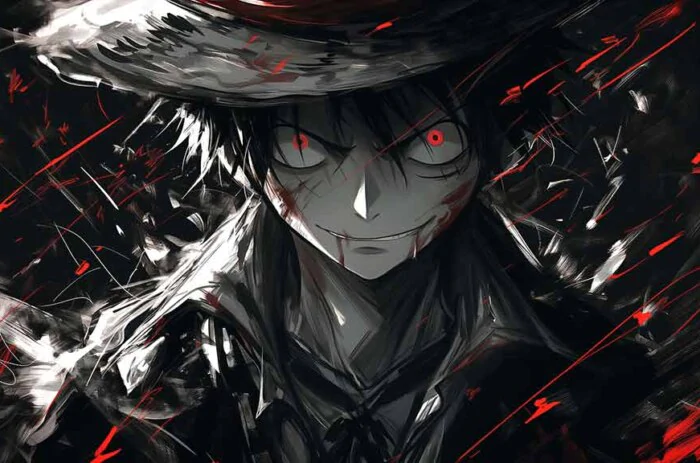 Fond d'écran de Monkey D. Luffy en empereur des ténèbres avec des yeux rouges et un chapeau de paille en style noir, résolution HD 4K gratuit pour ordinateur et téléphone portable