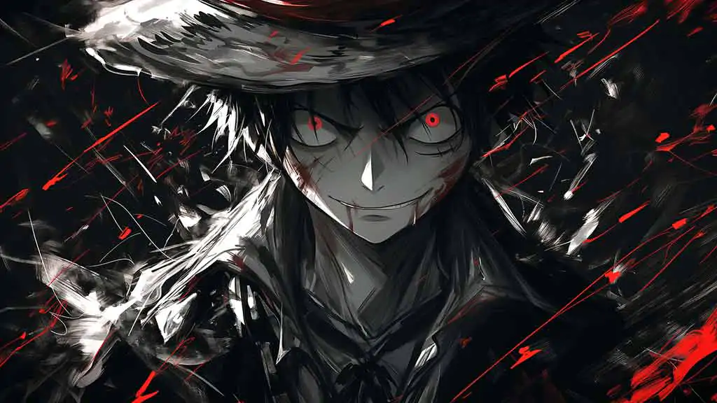 Fond d'écran de Monkey D. Luffy en empereur des ténèbres avec des yeux rouges et un chapeau de paille en style noir, résolution HD 4K gratuit pour ordinateur et téléphone portable